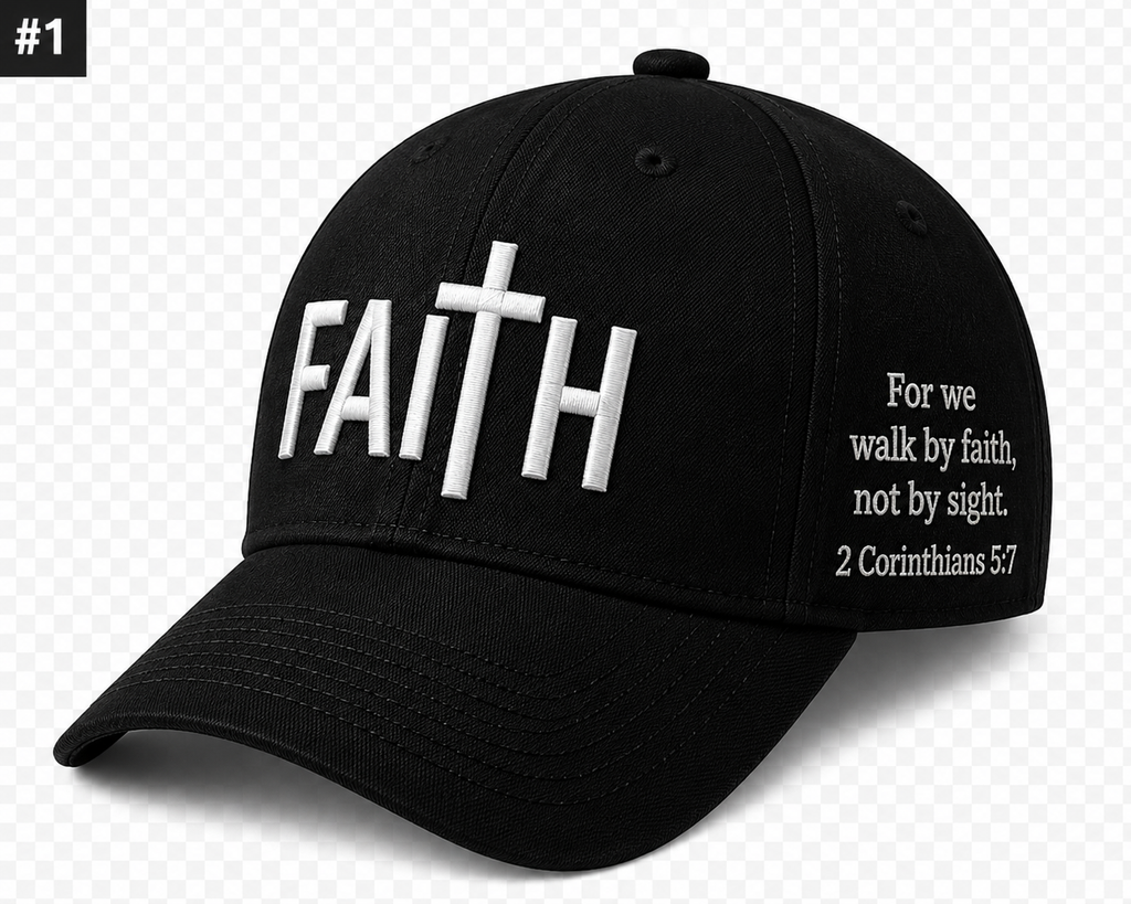 Black faith cap with white FAITH lettering, a cross, and the 2 Corinthians 5:7 message