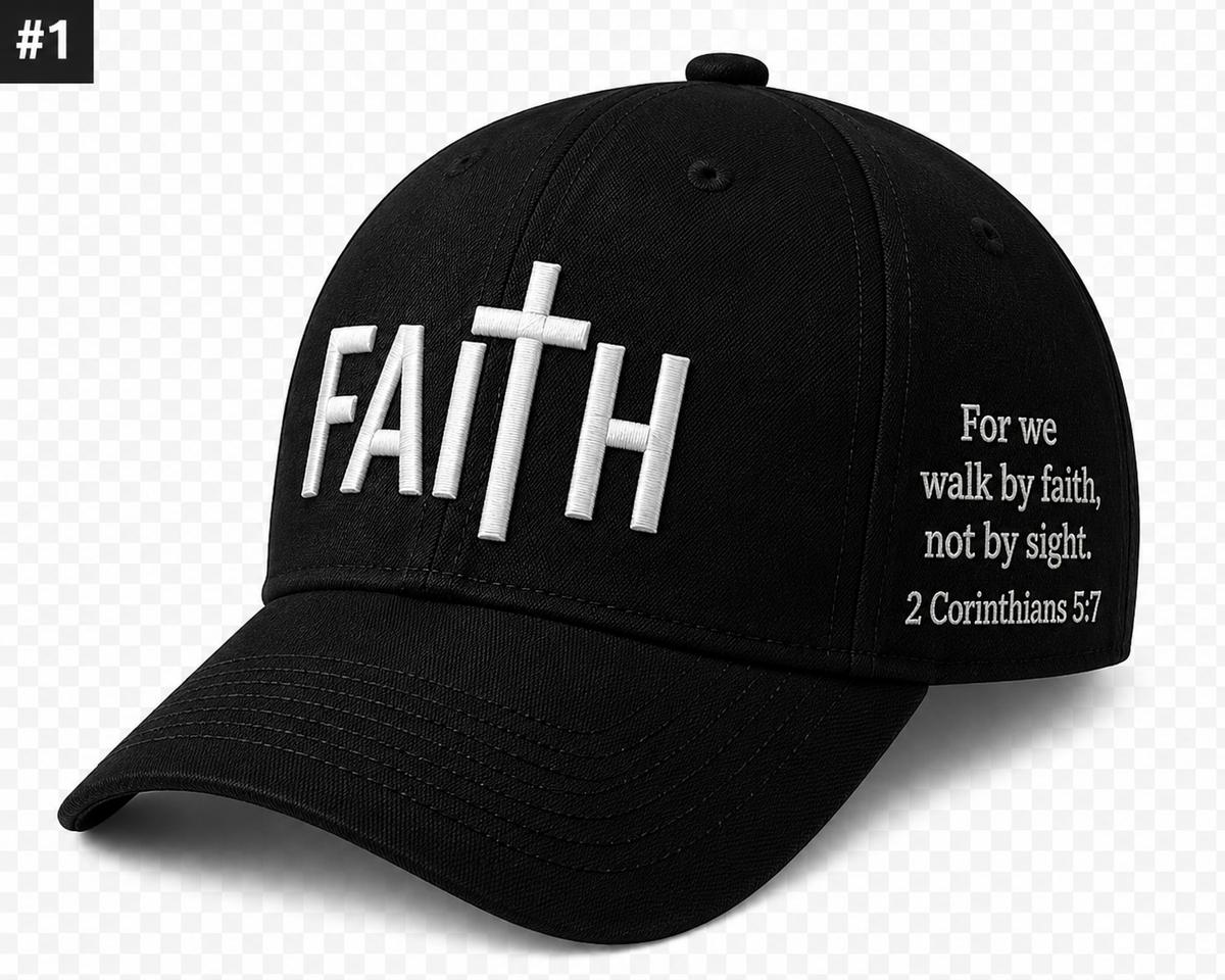 Black faith cap with white FAITH lettering, a cross, and the 2 Corinthians 5:7 message