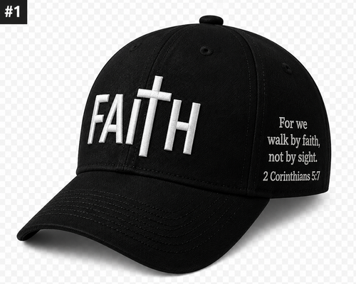 Black faith cap with white FAITH lettering, a cross, and the 2 Corinthians 5:7 message