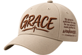 Cream Christian Grace cap with cross embroidery and 2 Corinthians 12:9 scripture