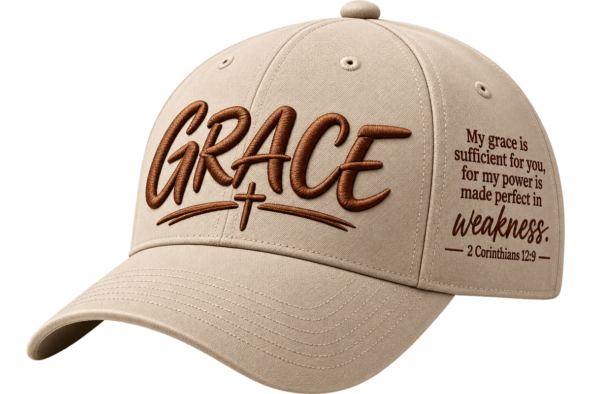 Cream Christian Grace cap with cross embroidery and 2 Corinthians 12:9 scripture
