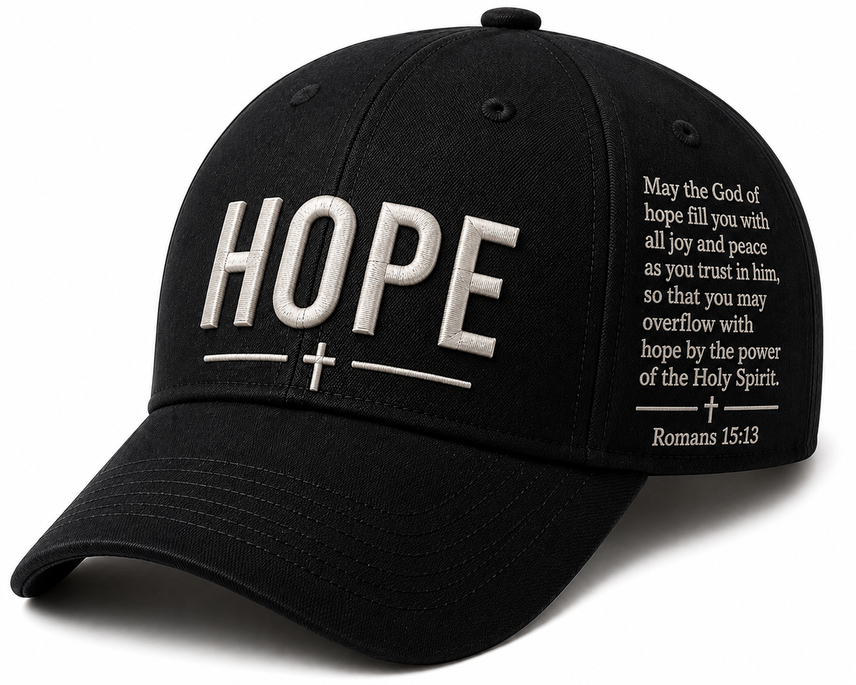 Black Christian Hope cap with cross embroidery and Romans 15:13 scripture