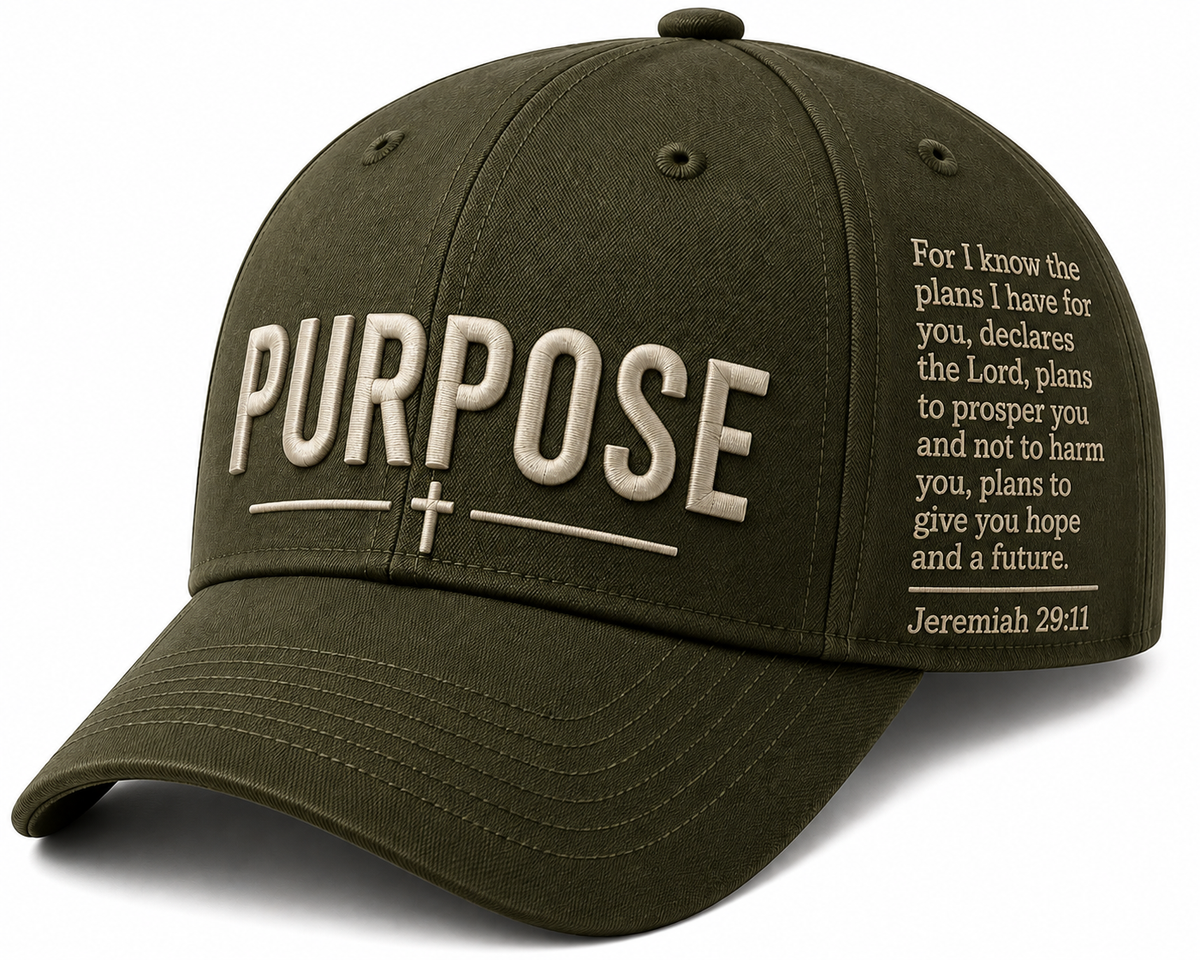 Olive green Christian Purpose cap with cross embroidery and Jeremiah 29:11 scripture