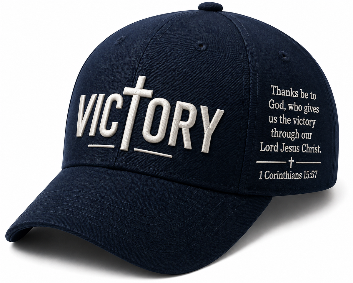 Navy Christian Victory cap with cross embroidery and 1 Corinthians 15:57 scripture