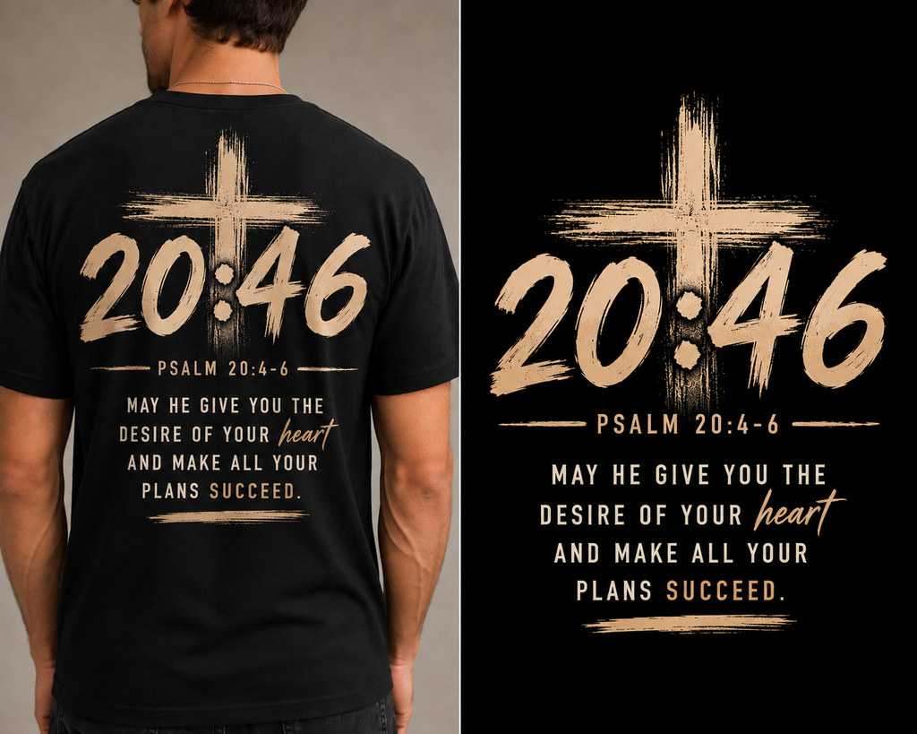 Psalm 20:46 back-print design – gold cross and scripture on black tee