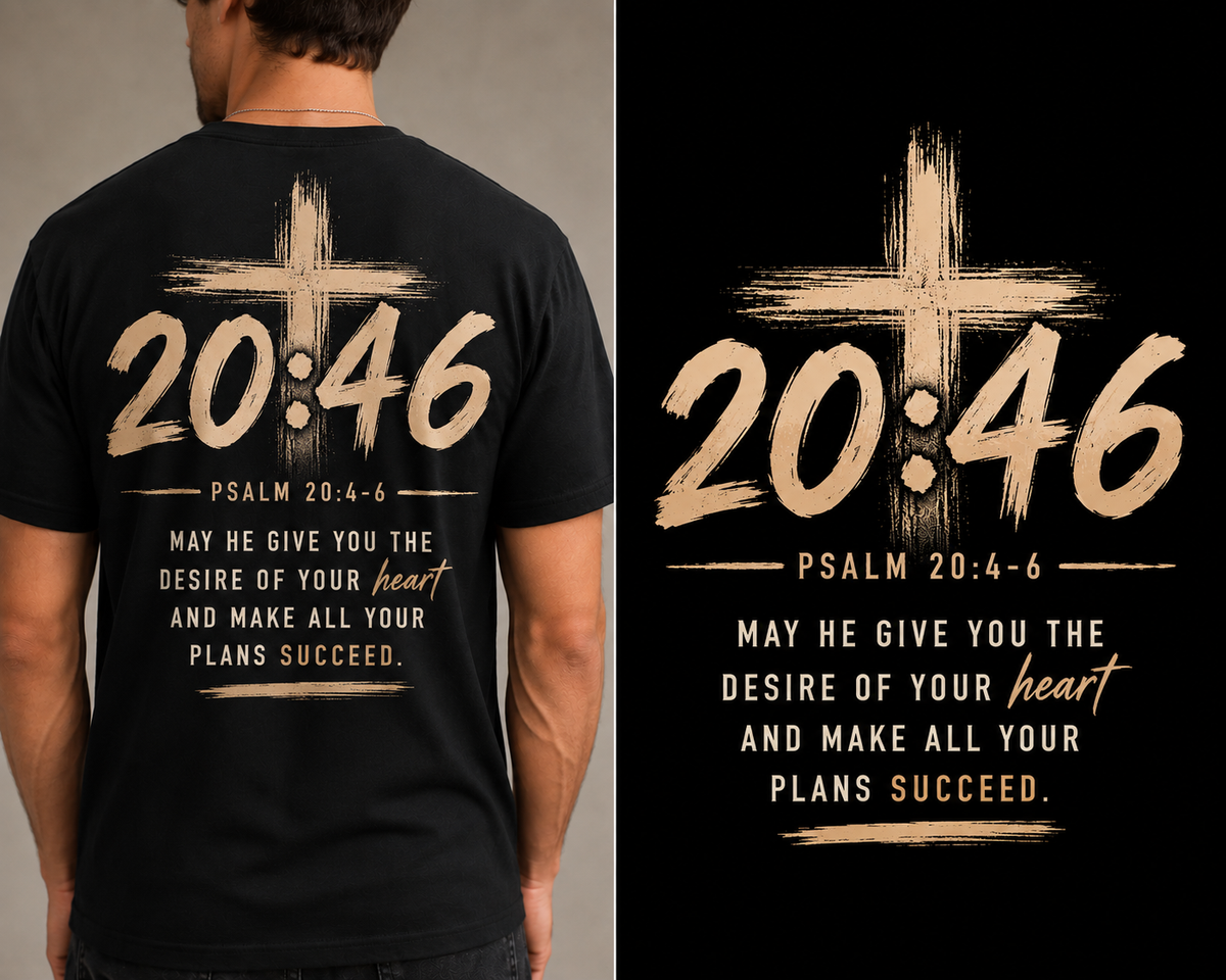 Psalm 20:46 back-print design – gold cross and scripture on black tee