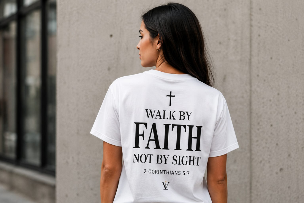 Walk by Faith Not by Sight 2 Corinthians 5:7 Christian T-Shirt – White