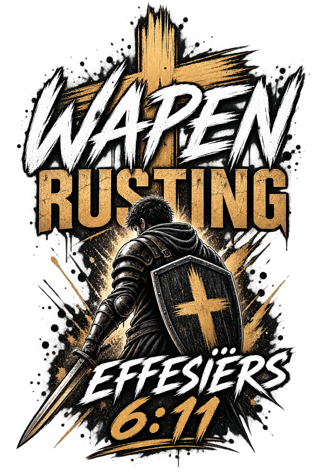 Wapen Rusting Effesiers 6:11 Kids T-Shirt graphic design – zwart, goud en wit