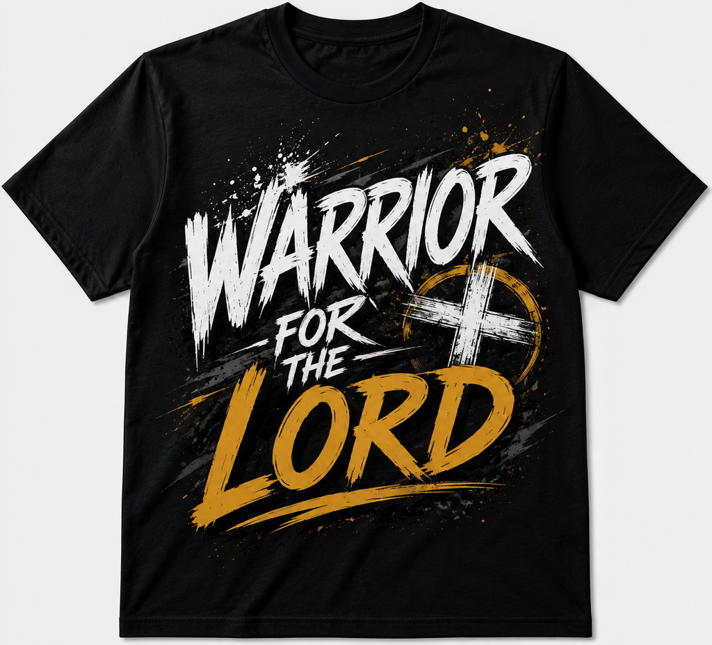 Black Warrior for the Lord Christian T-shirt with white and gold lettering and a cross design