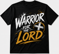 Black Warrior for the Lord Christian T-shirt with white and gold lettering and a cross design