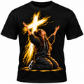 Black kids T-shirt with a young worshipper raising her arms beneath a radiant golden cross