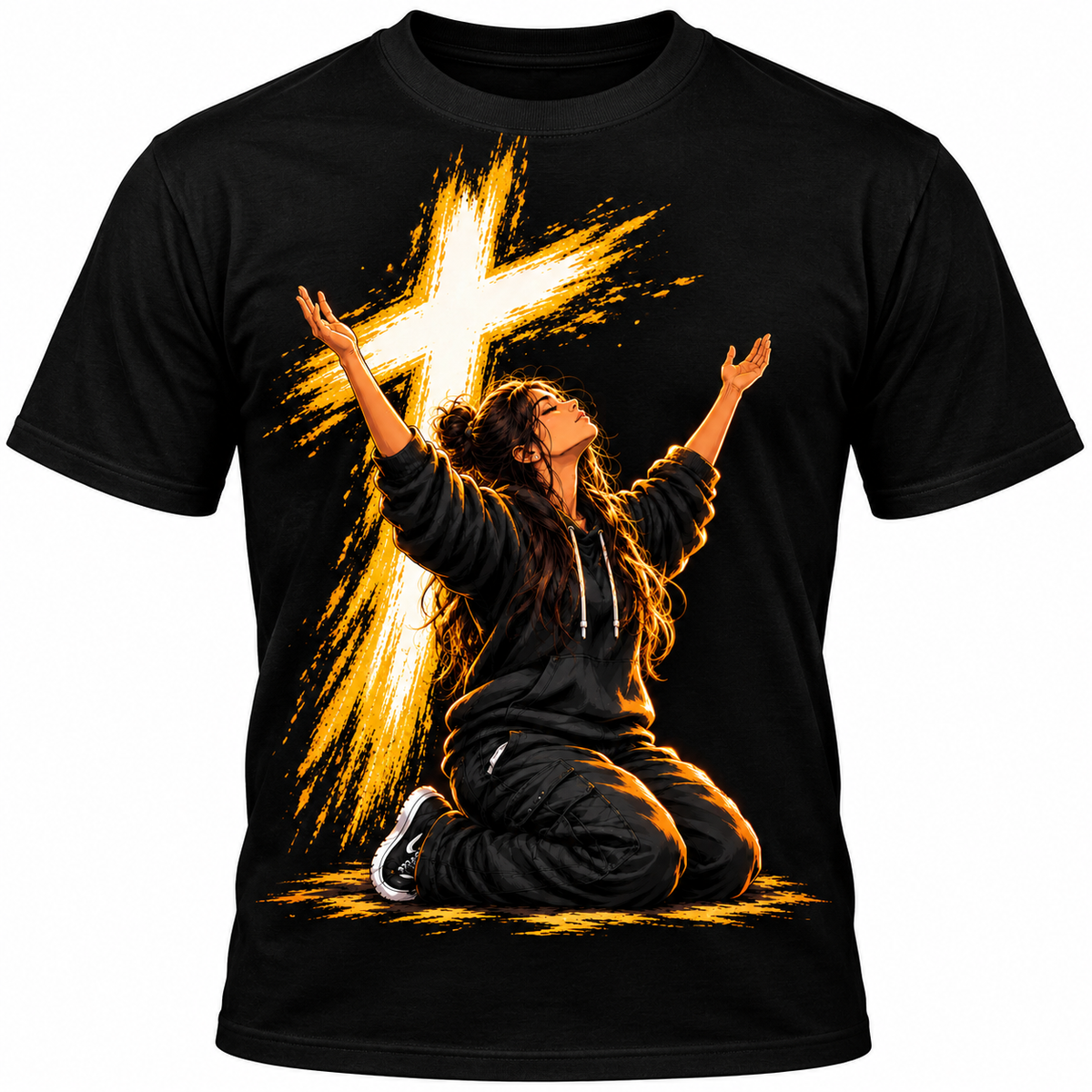 Black kids T-shirt with a young worshipper raising her arms beneath a radiant golden cross