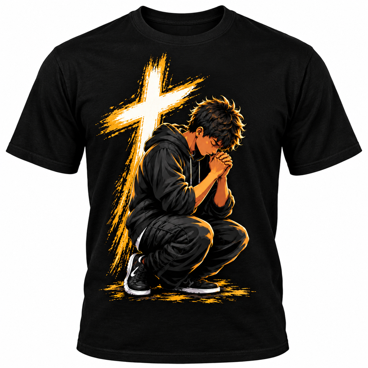 Black kids T-shirt with a praying young believer kneeling beneath a radiant golden cross