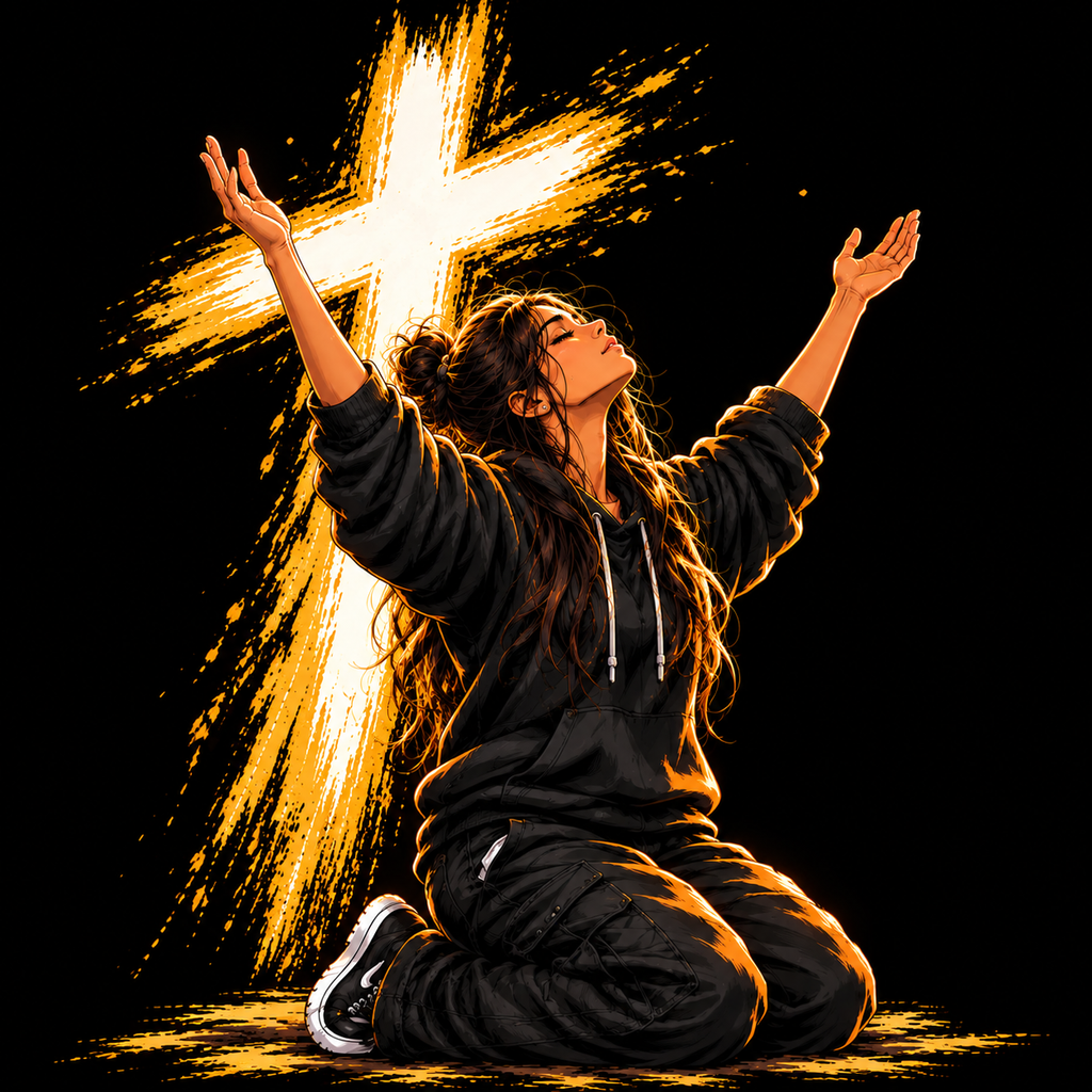 Black worship hoodie artwork showing a young woman kneeling with raised hands beneath a white and gold cross