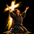 Black worship hoodie artwork showing a young woman kneeling with raised hands beneath a white and gold cross
