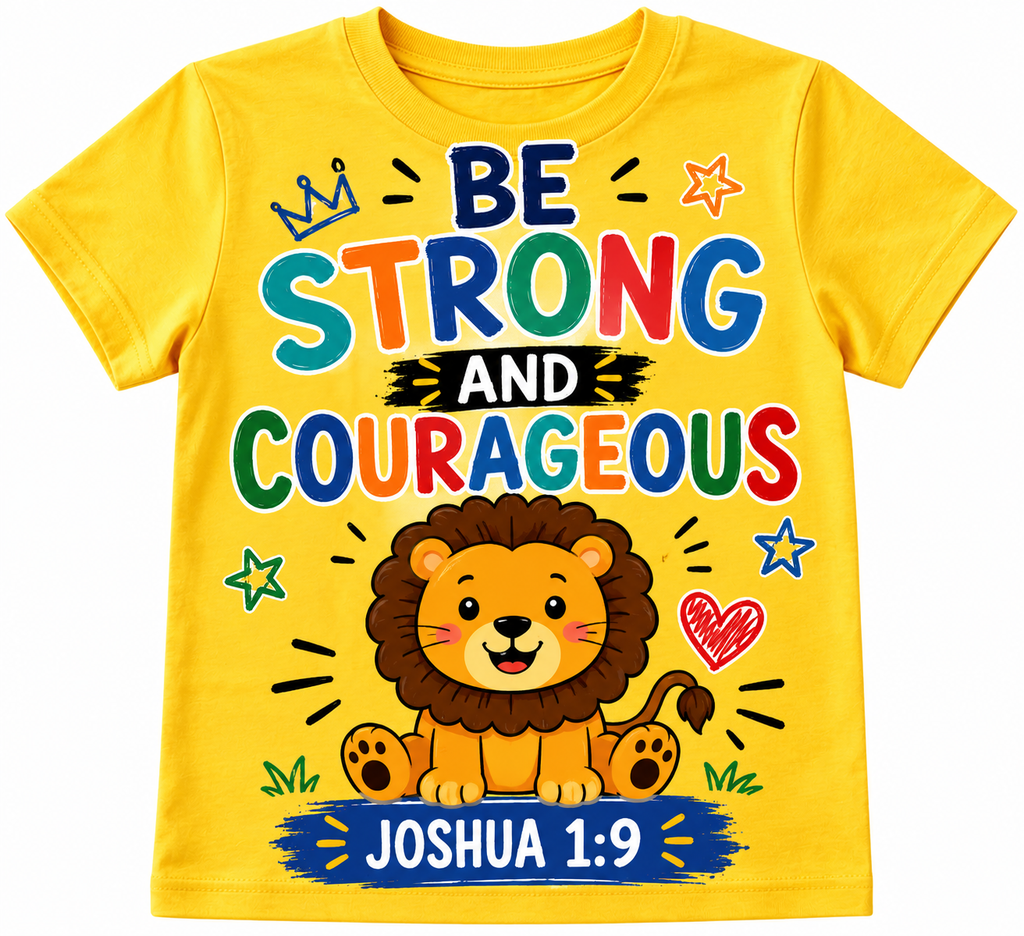 Be Strong and Courageous Kids T-Shirt - yellow with colourful Joshua 1:9 lion design