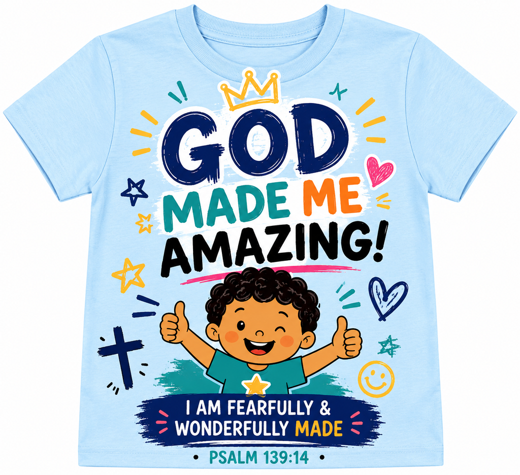 God Made Me Amazing Kids T-Shirt - sky blue with colourful Psalm 139:14 design