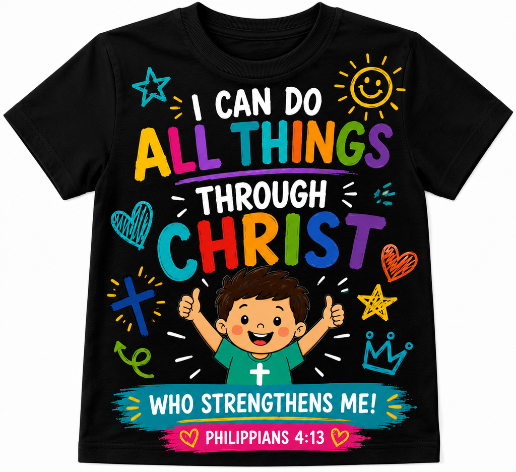 I Can Do All Things Through Christ Kids T-Shirt - black with colourful Philippians 4:13 design