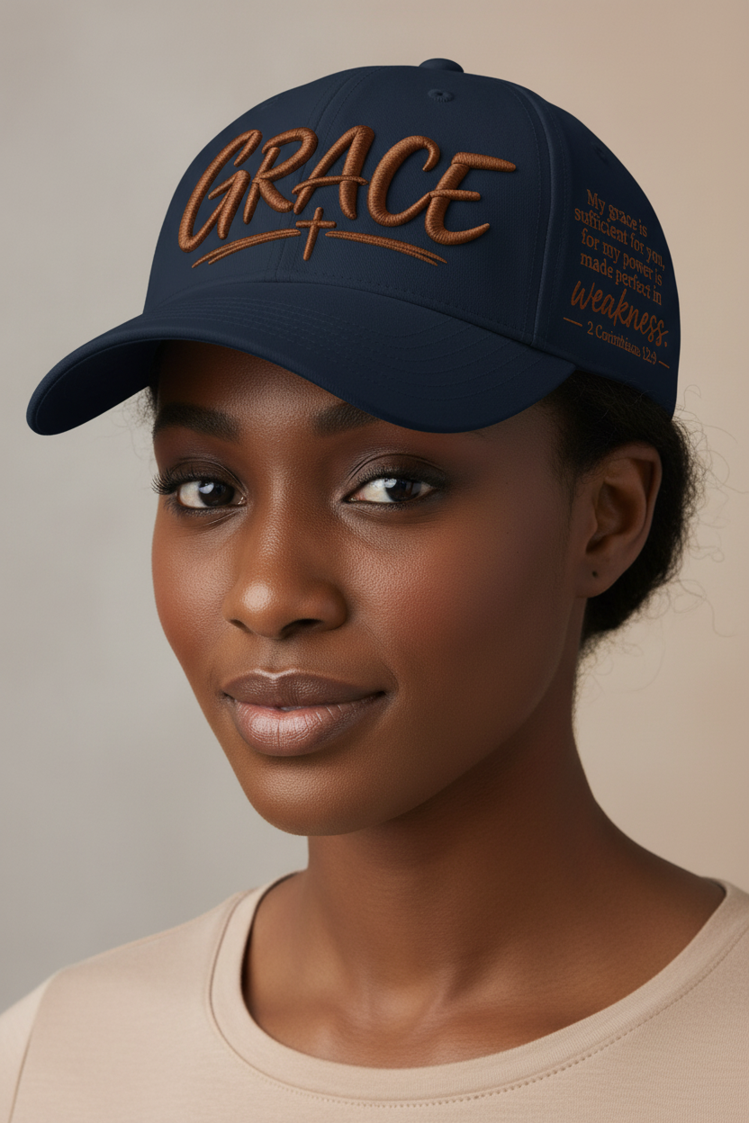 Navy Grace Christian cap worn by a woman model, showing GRACE embroidery, a cross, and 2 Corinthians 12:9