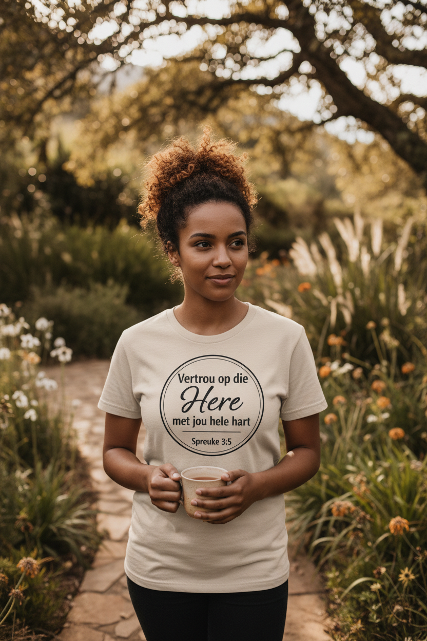 Vertrou op die Here T-Shirt – Beige, Curly Bun, Garden