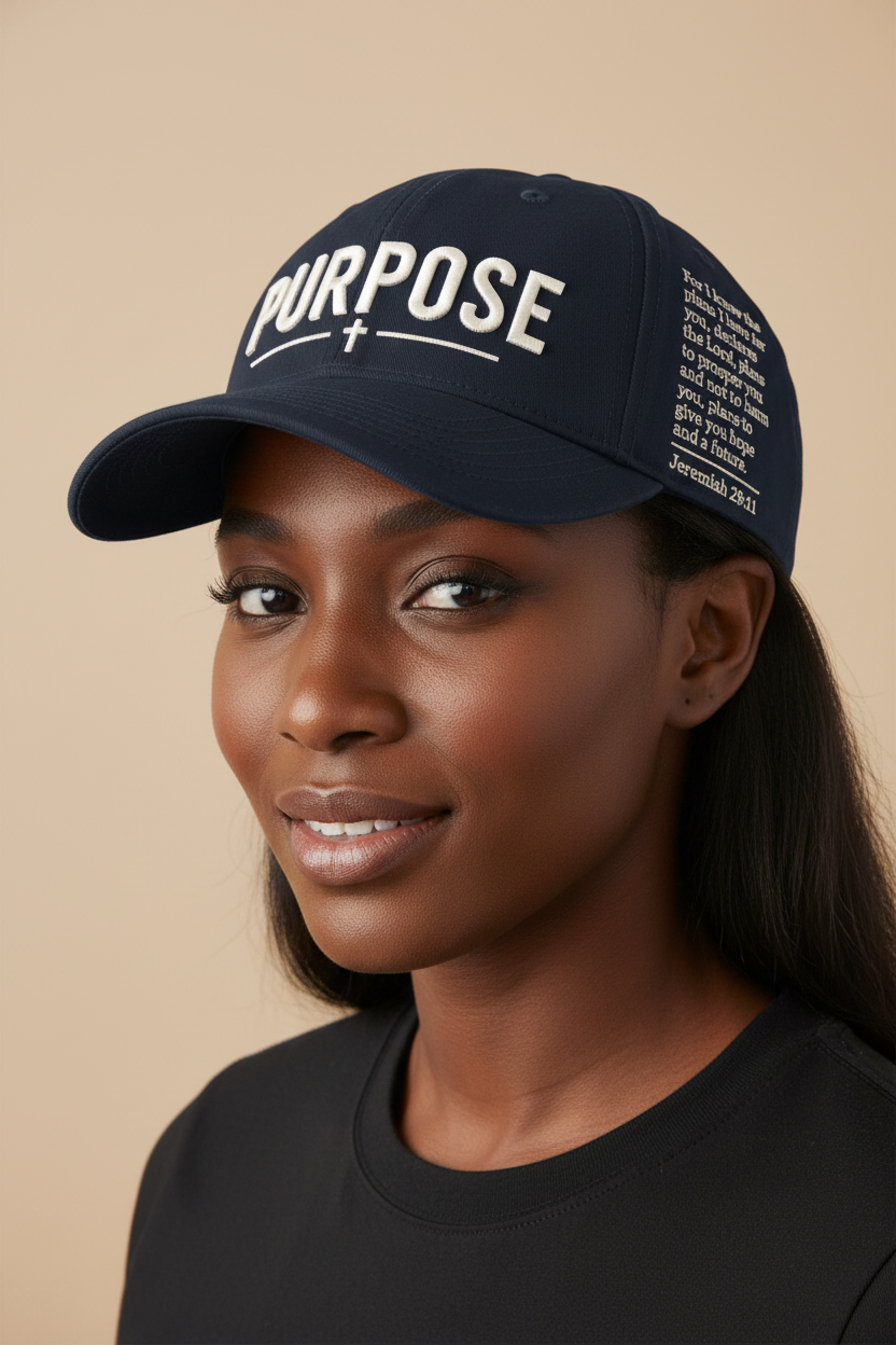 Navy Purpose Christian cap worn by a woman model, showing PURPOSE embroidery, a cross, and Jeremiah 29:11