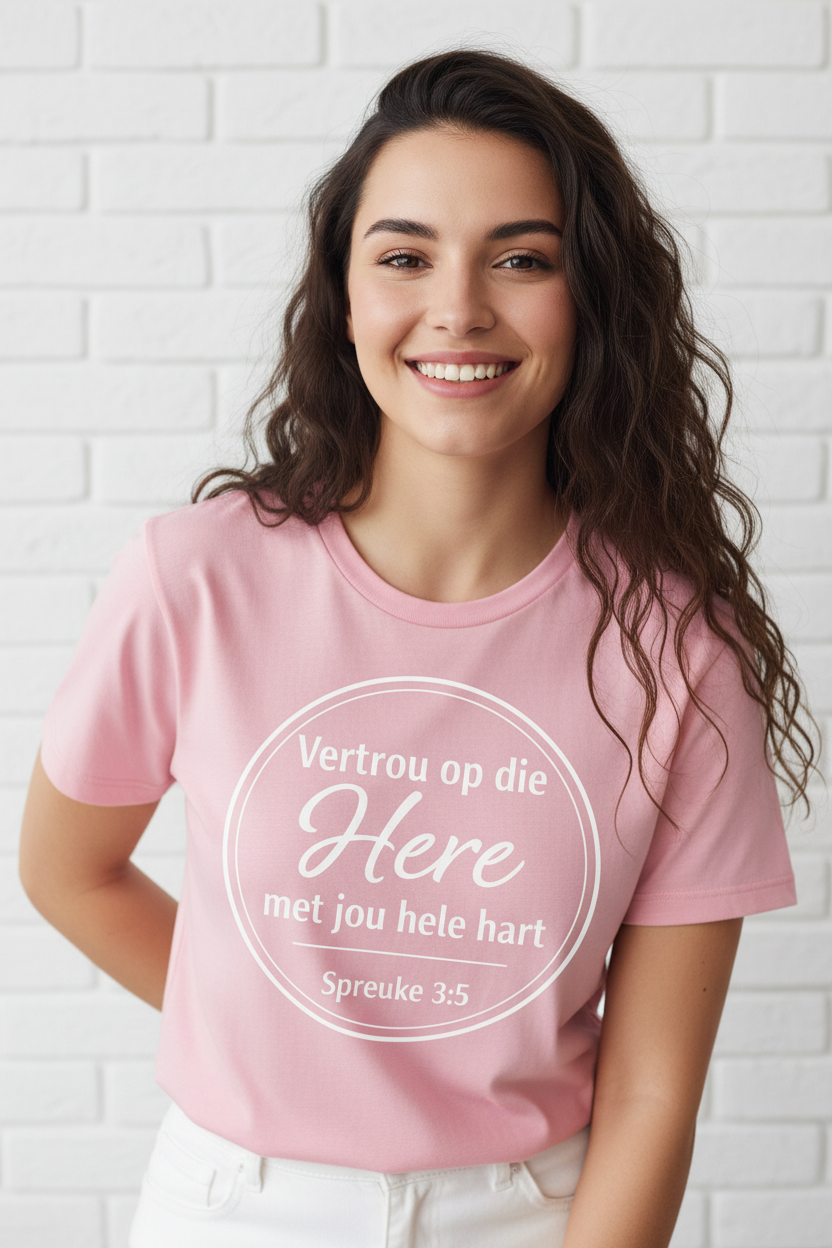 Vertrou op die Here T-Shirt – Pink, Wavy Dark Hair, White Brick Wall