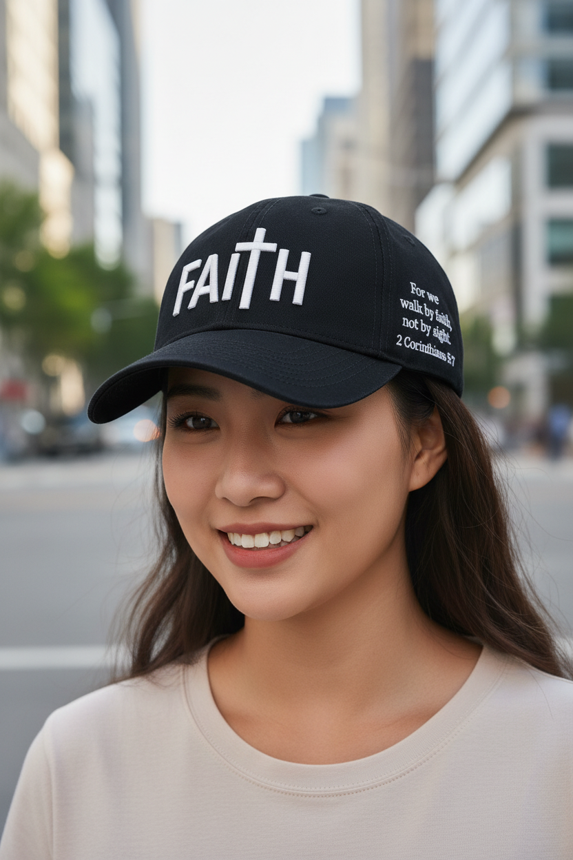 Navy Faith Cap with white FAITH lettering worn by a young East Asian female model, head and shoulders view