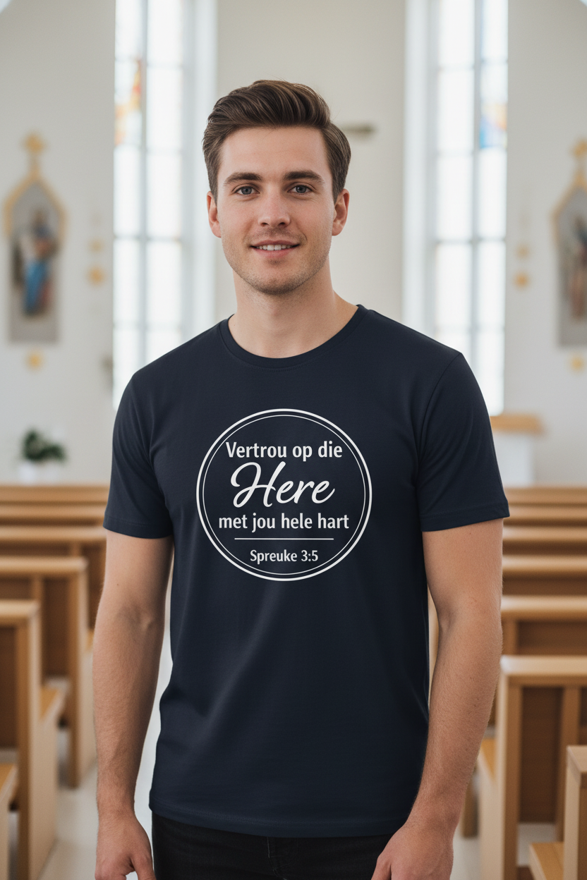 Vertrou op die Here T-Shirt – Navy, Short Hair Male, Church Interior