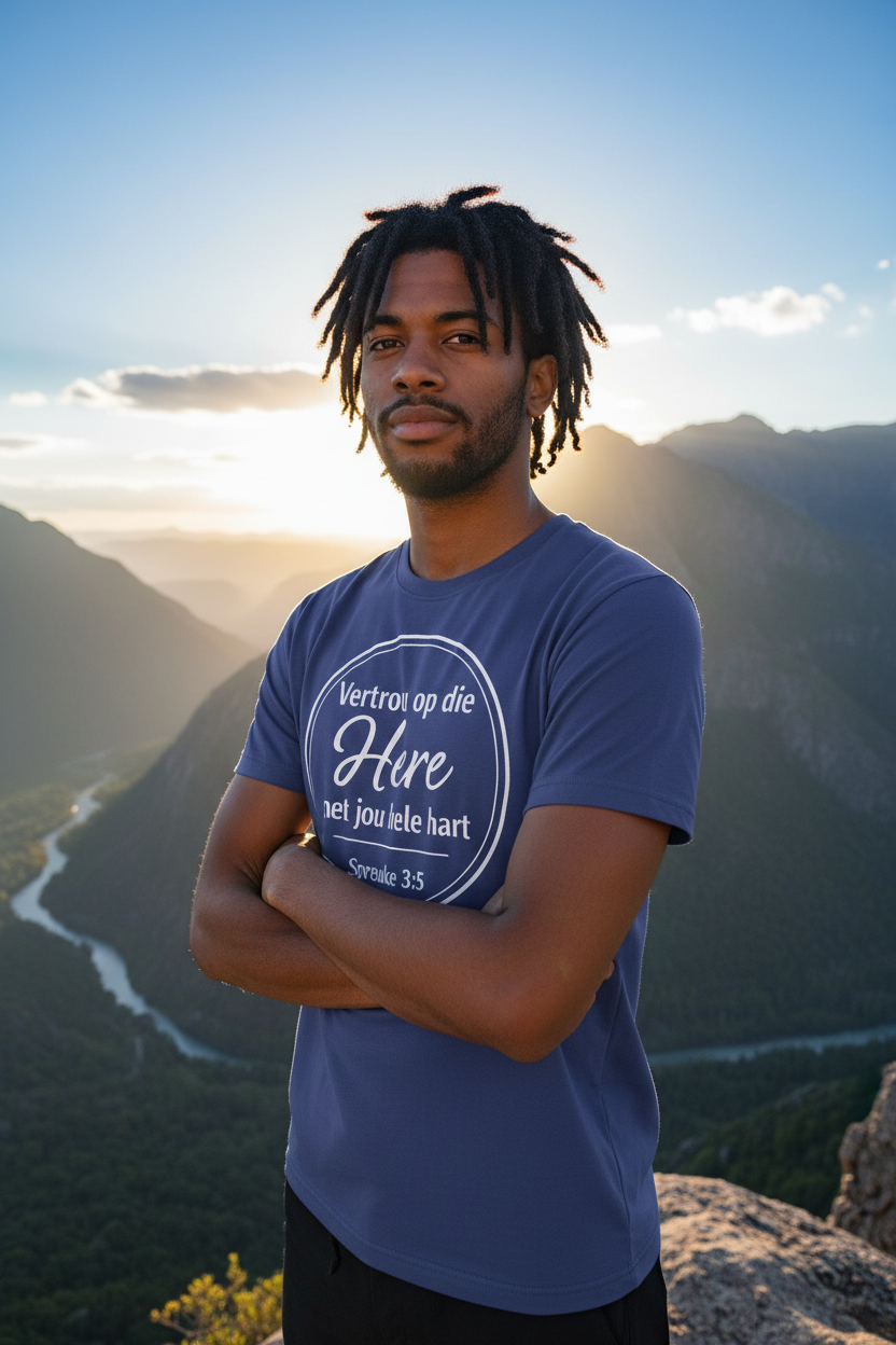 Vertrou op die Here T-Shirt – Blue, Locs, Nature Background
