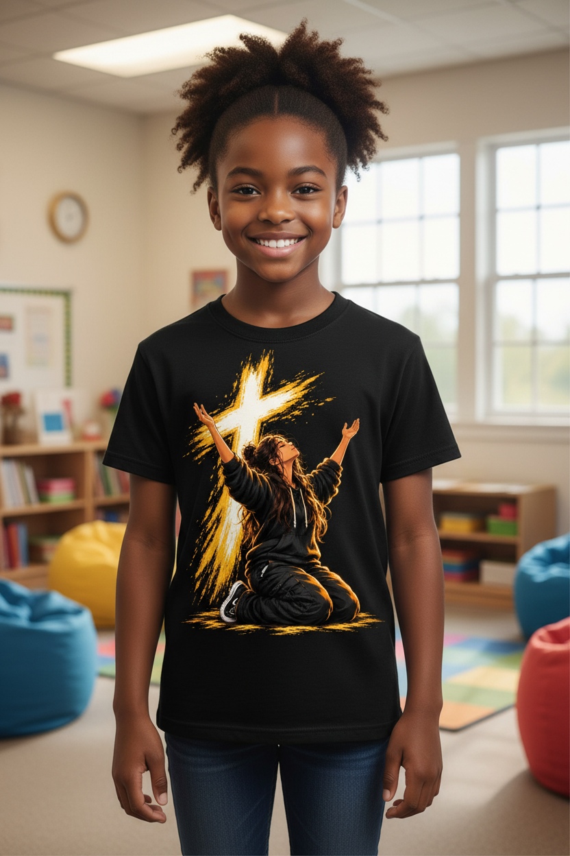 Black Worship Warrior Kids T-Shirt worn by a child in a church youth room