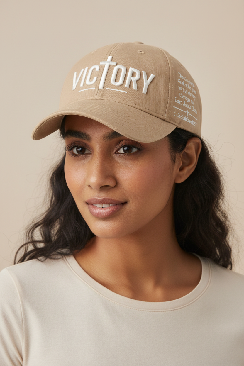Beige Victory Christian cap worn by a woman model, showing VICTORY embroidery, a cross, and 1 Corinthians 15:57