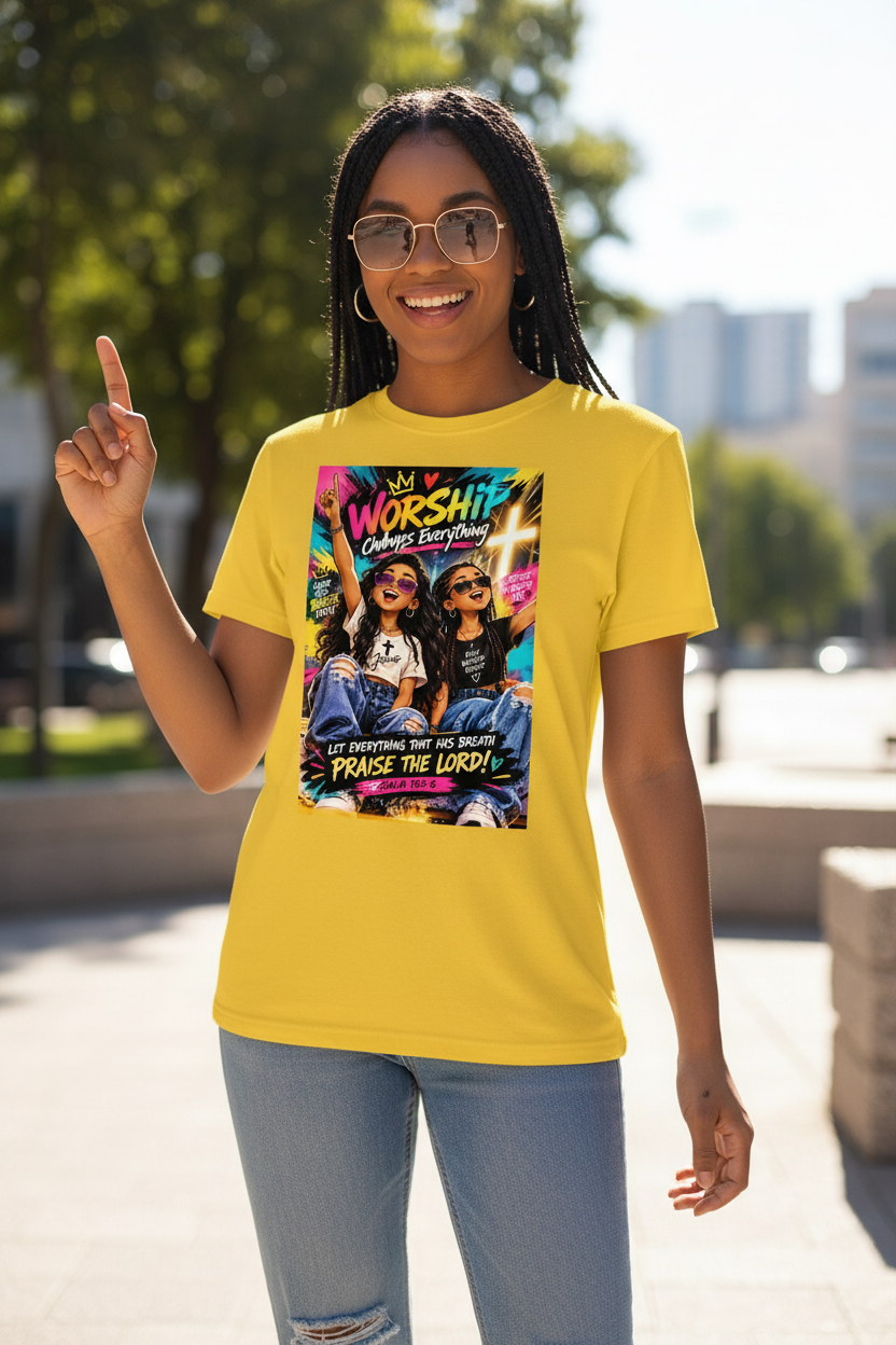 Yellow Worship Changes Everything T-shirt worn by a young mixed-race female model