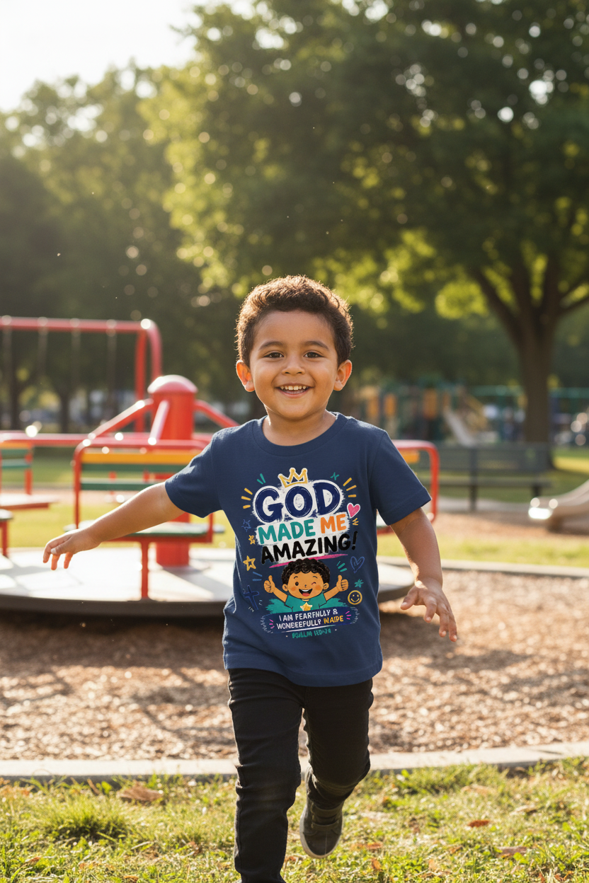 God Made Me Amazing - Navy - Hispanic boy playground mockup