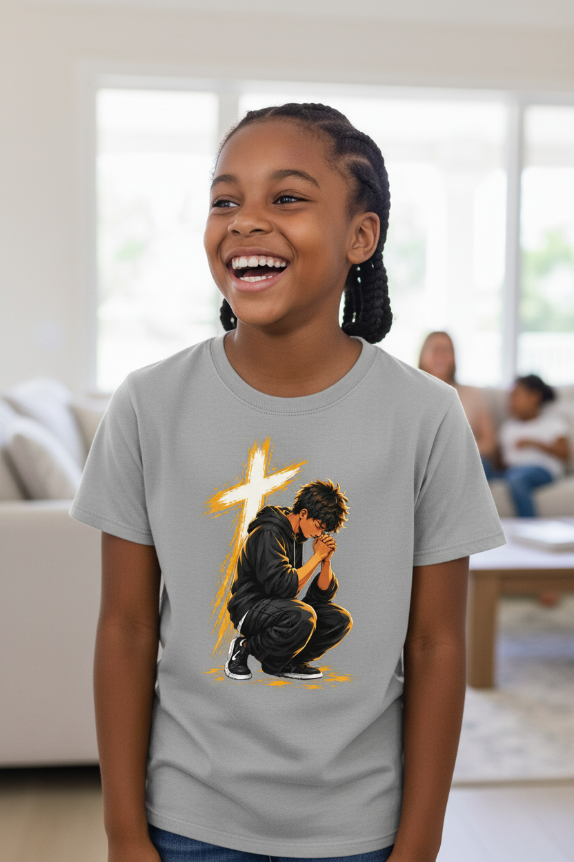 Gray Prayer Warrior Kids T-Shirt worn by a child in a modern family lifestyle setting