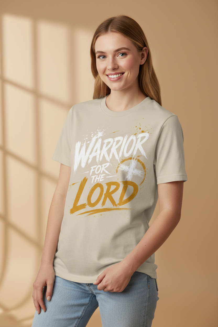 Beige Warrior for the Lord T-shirt worn by a young white female model