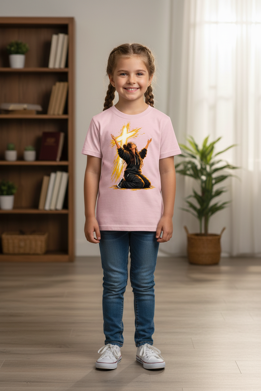 Pink Worship Warrior Kids T-Shirt worn by a child in a warm home setting