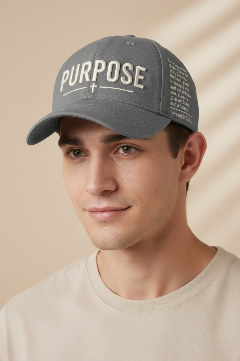 Gray Purpose Christian cap worn by a male model, showing PURPOSE embroidery, a cross, and Jeremiah 29:11