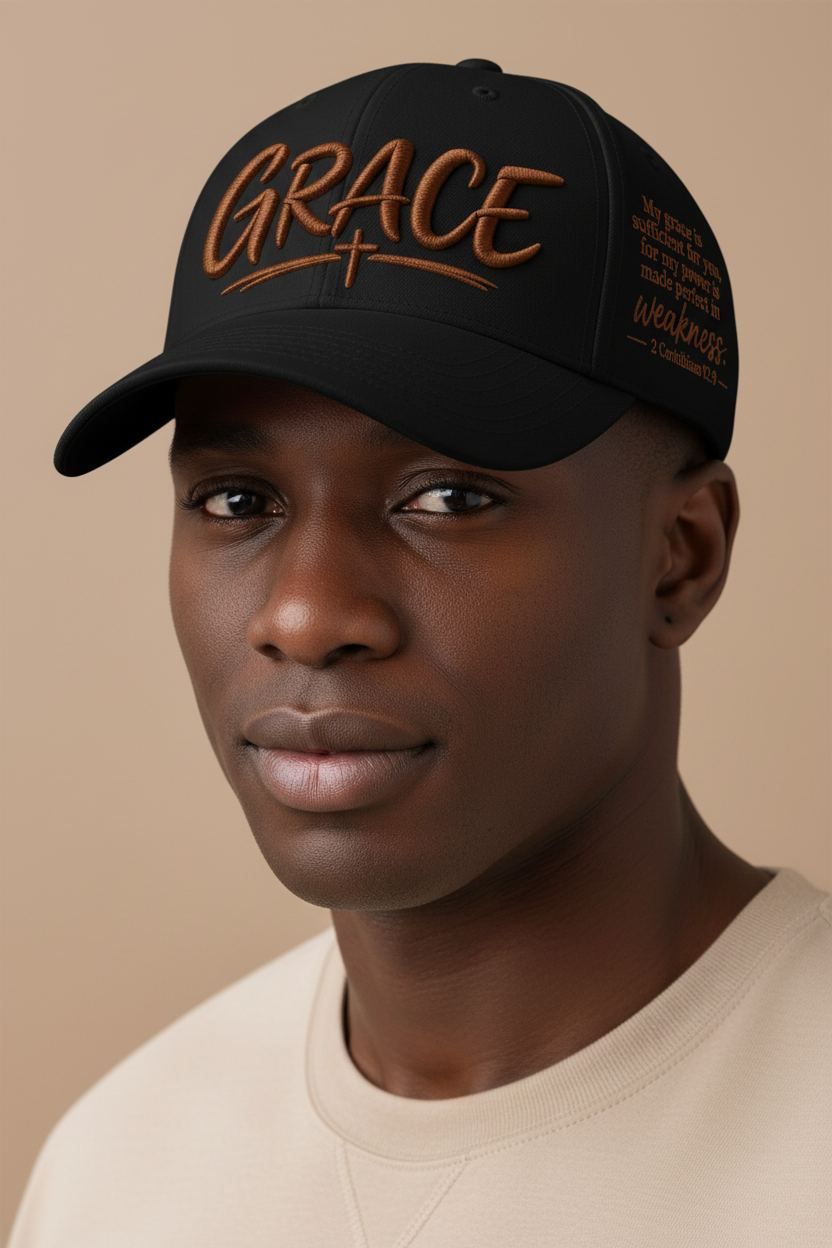 Black Grace Christian cap worn by a male model, showing GRACE embroidery, a cross, and 2 Corinthians 12:9