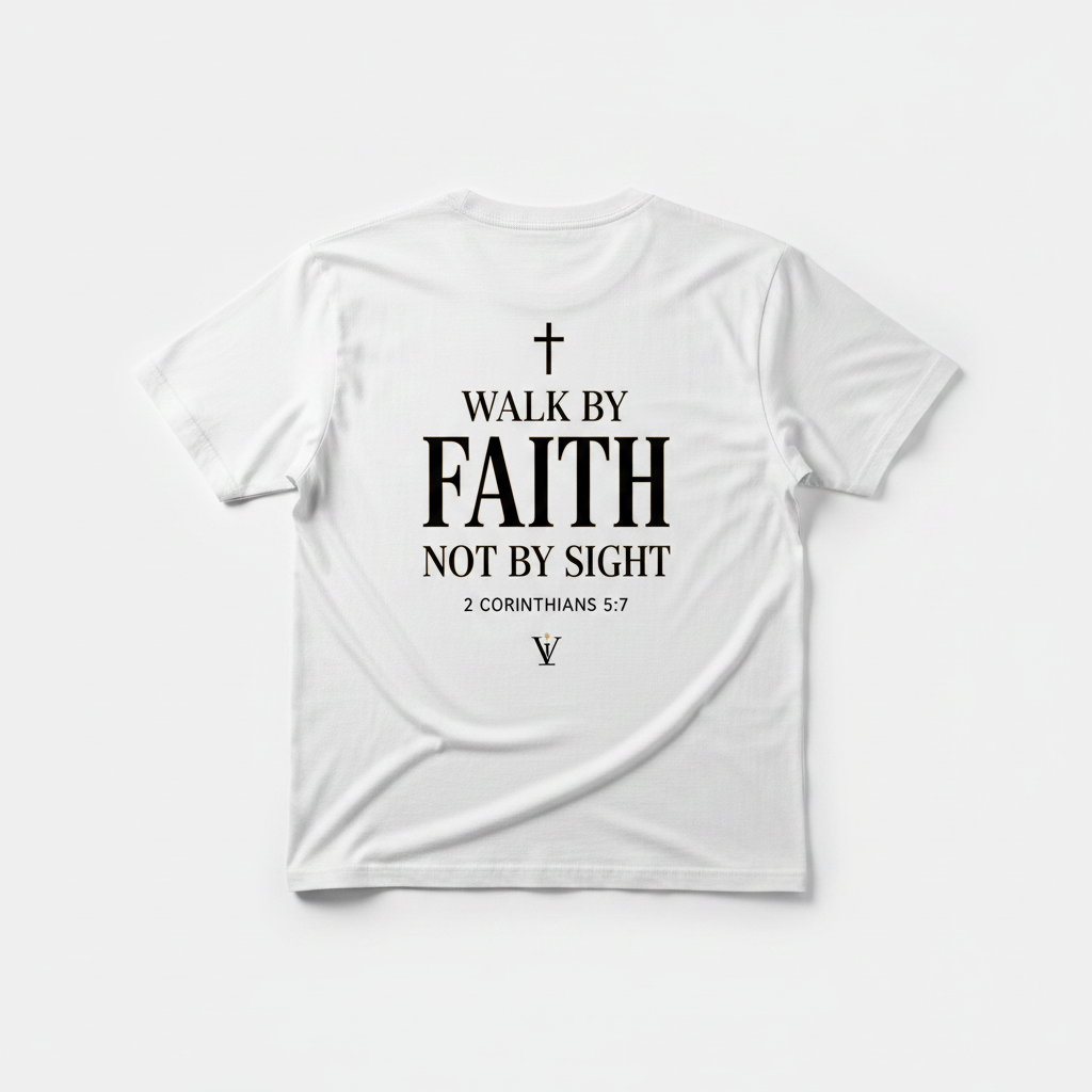White Christian t-shirt back view with Walk by Faith Not by Sight print and 2 Corinthians 5:7 – The Victory Shop