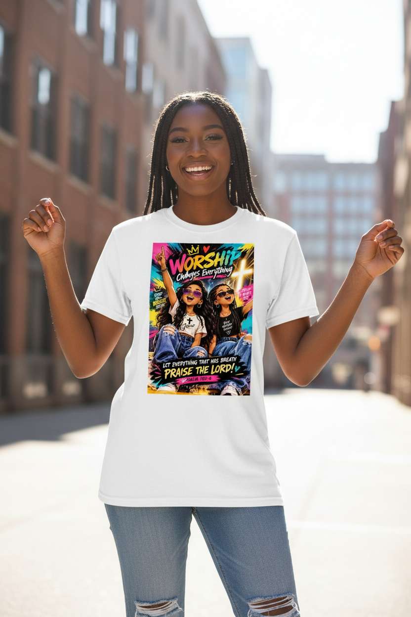 White Worship Changes Everything T-shirt worn by a young Black female model