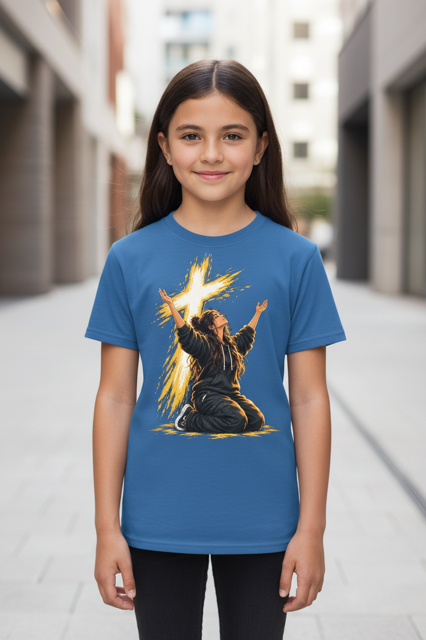 Blue Worship Warrior Kids T-Shirt worn by a child on a softly lit urban walkway