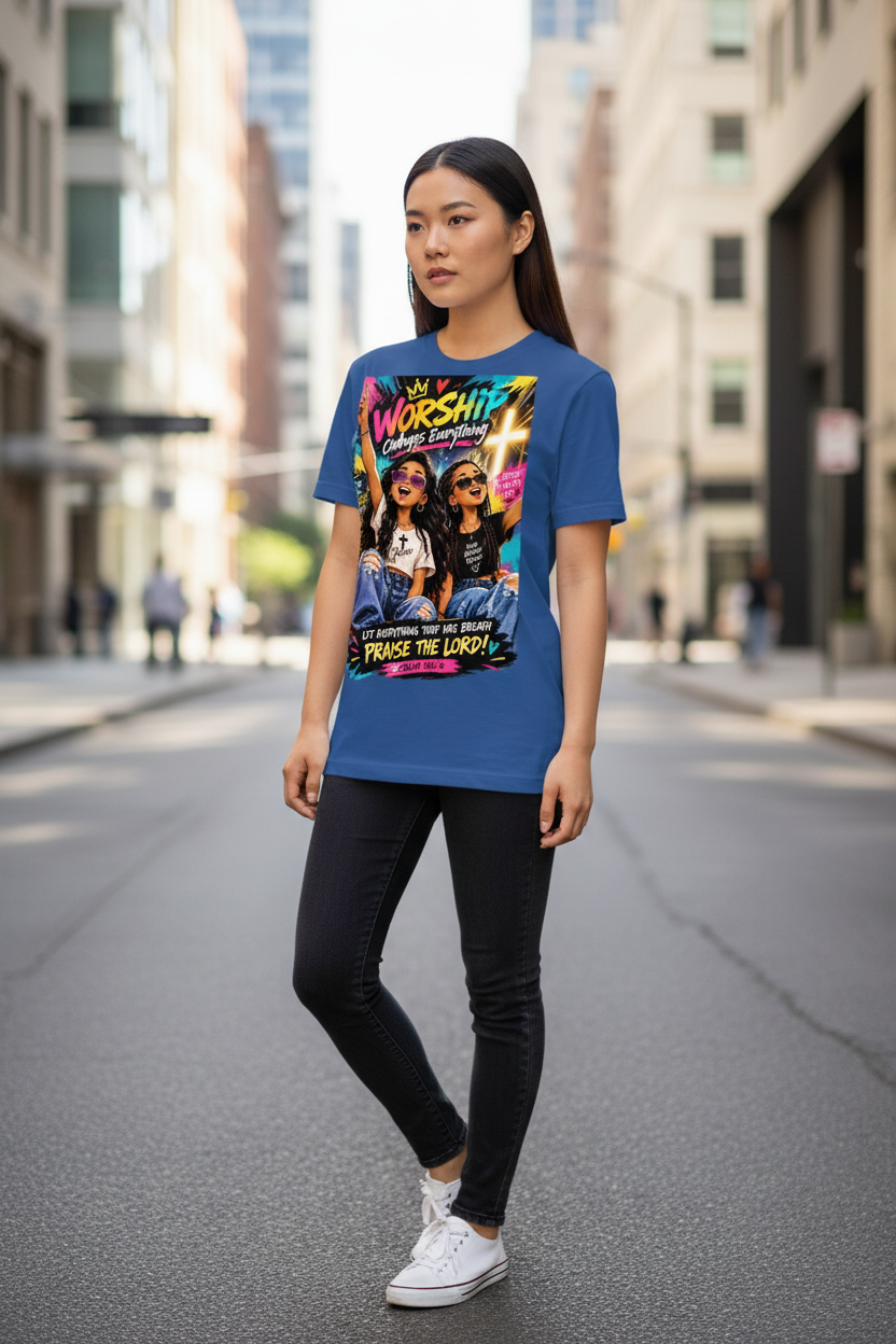 Blue Worship Changes Everything T-shirt worn by a young East Asian female model
