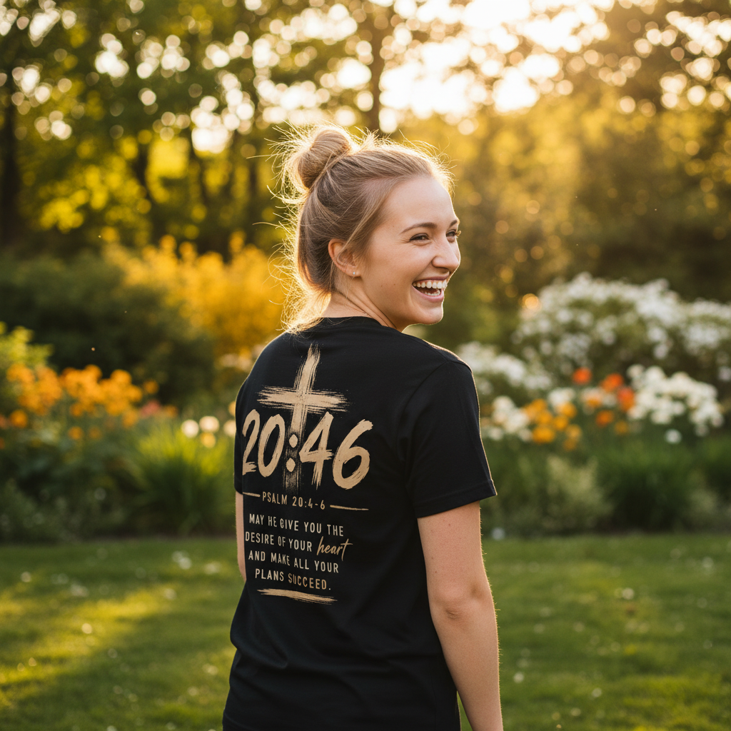 Psalm 20:46 black tee – young female back view golden hour park