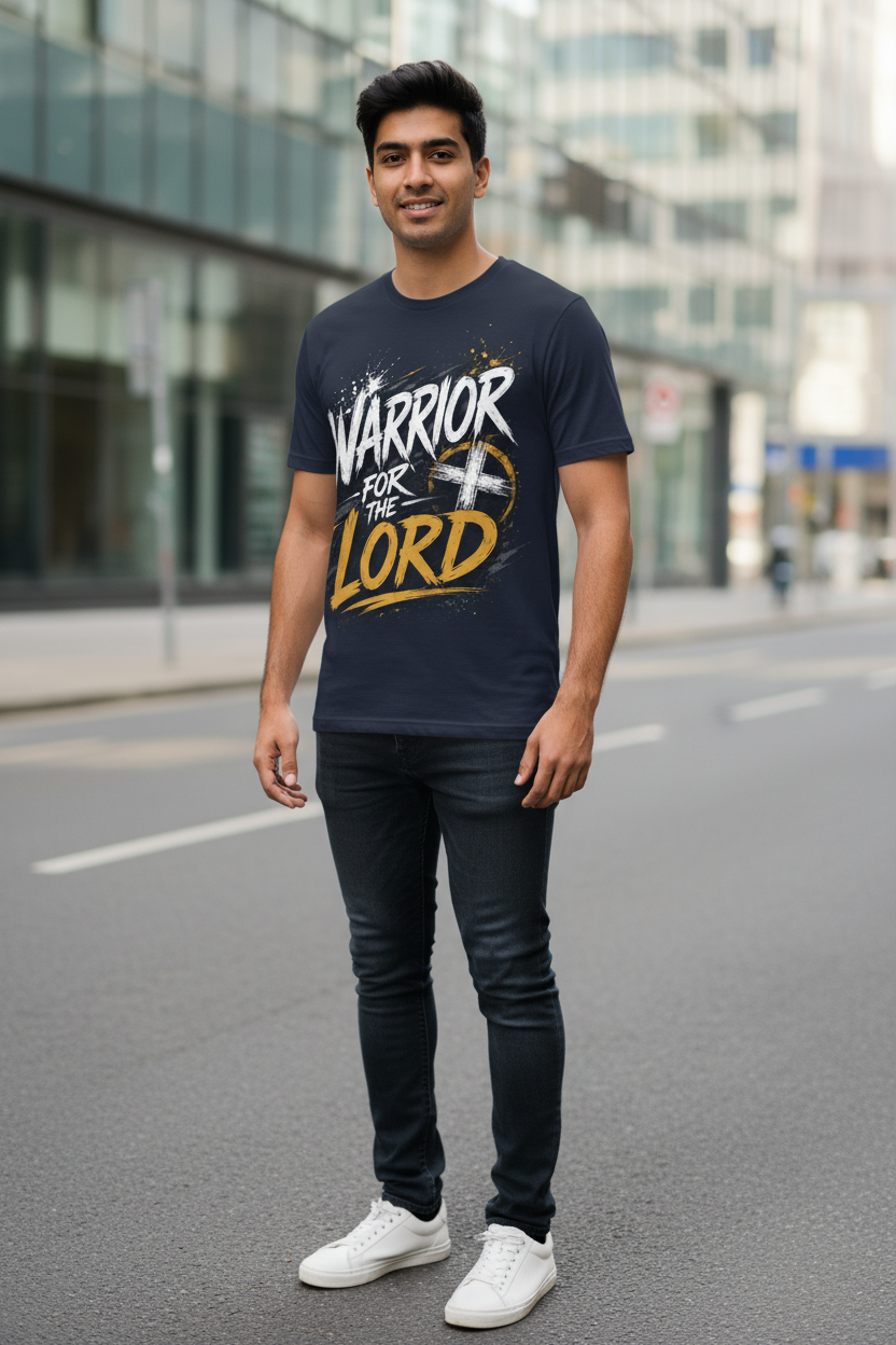 Navy Warrior for the Lord T-shirt worn by a young South Asian male model