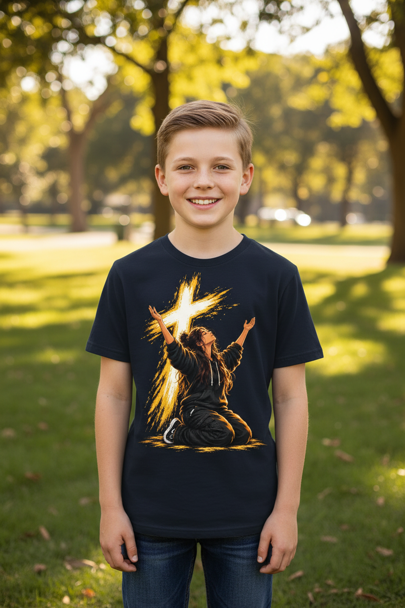 Navy Worship Warrior Kids T-Shirt worn by a child outdoors in a sunny park
