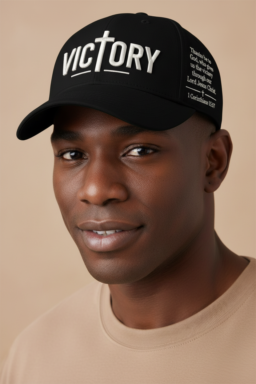 Black Victory Christian cap worn by a male model, showing VICTORY embroidery, a cross, and 1 Corinthians 15:57