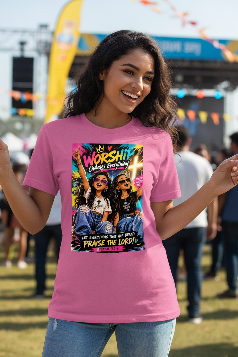 Pink Worship Changes Everything T-shirt worn by a young South Asian female model