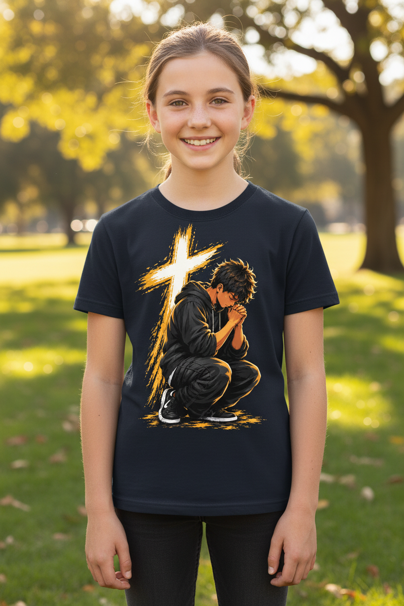 Navy Prayer Warrior Kids T-Shirt worn by a child outdoors in a sunny park