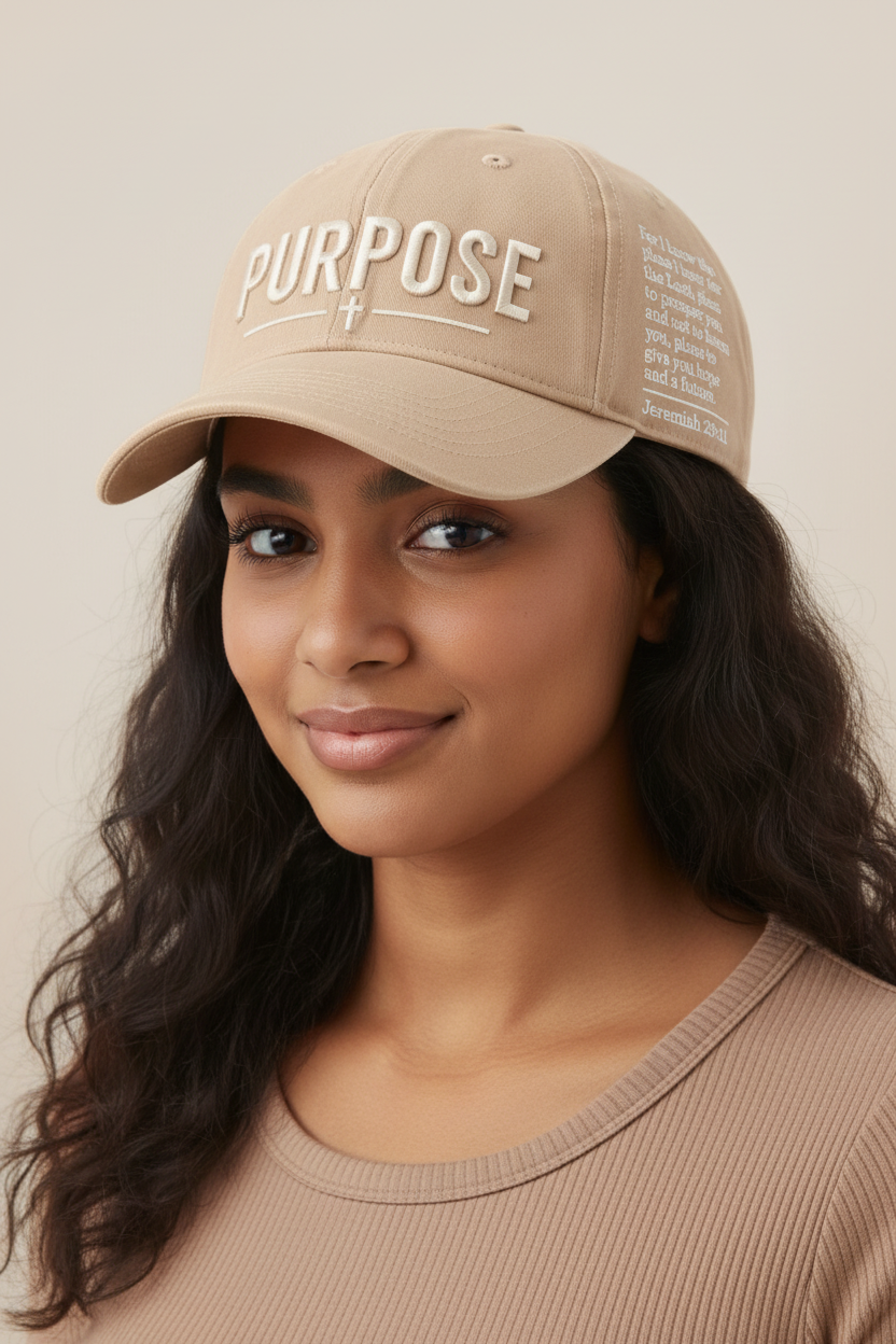 Beige Purpose Christian cap worn by a woman model, showing PURPOSE embroidery, a cross, and Jeremiah 29:11
