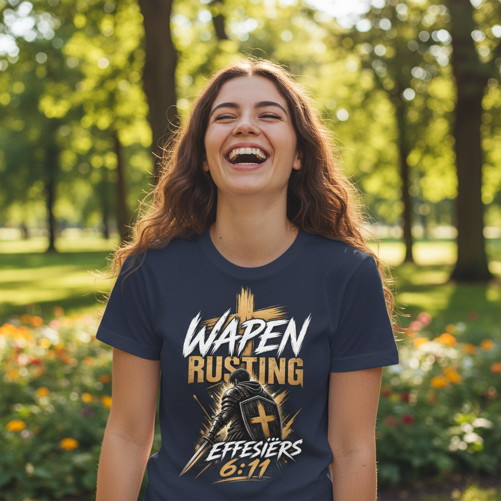 Wapen Rusting navy tee – laughing young adult female in park with flowers